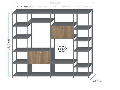 Roomdivider zwart metaal | 250x340x40cm | 2 eiken deurensets