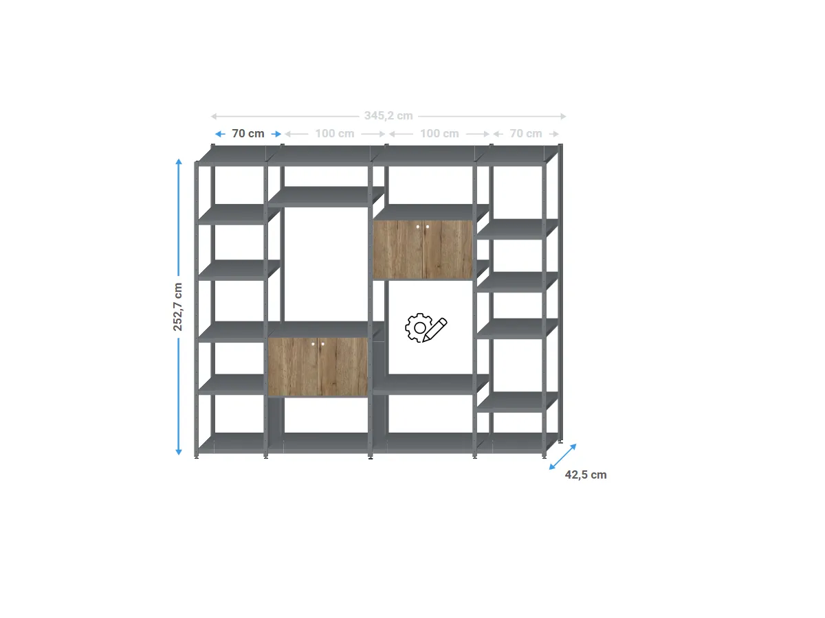 Roomdivider zwart metaal | 250x340x40cm | 2 eiken deurensets