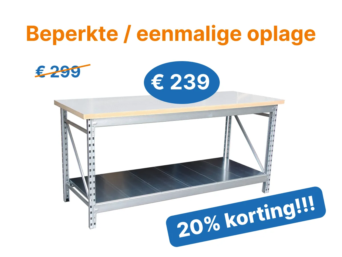 Werkbank vast 195x75cm WIT (één onderblad)