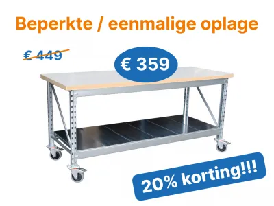 Werkbank verrijdbaar 195x75cm WIT (één onderblad)