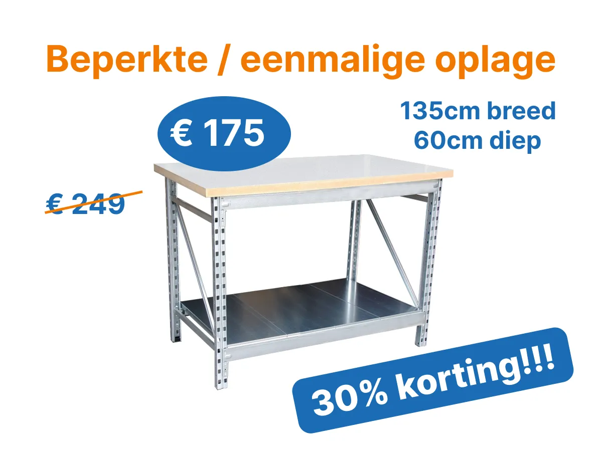 Werkbank klein vast 135x60cm WIT (één onderblad)