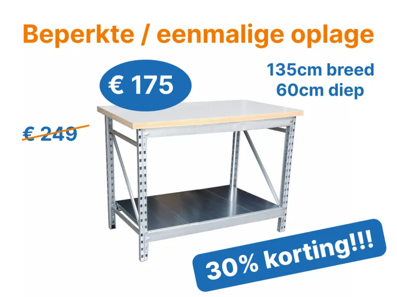 Werkbank klein vast 135x60cm WIT (één onderblad)