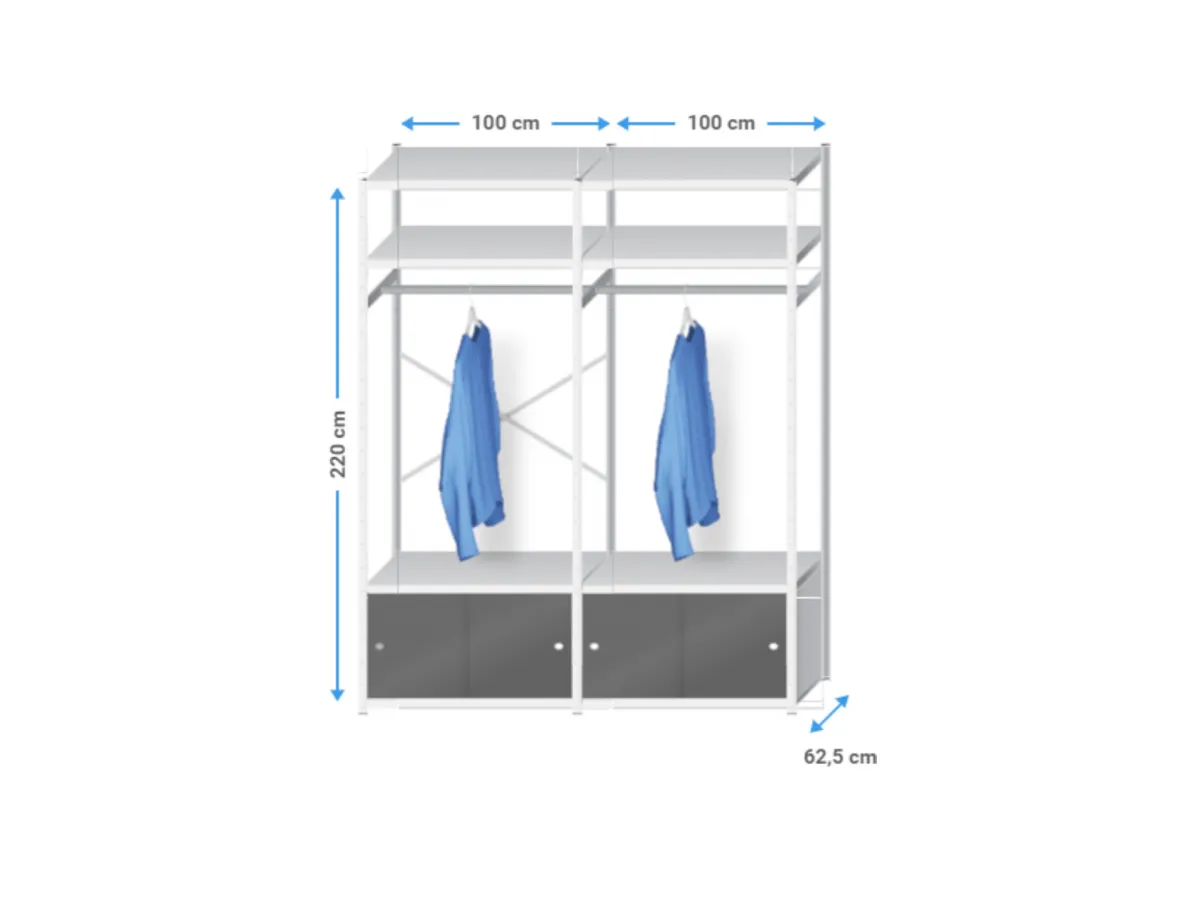 Inloopkast metaal | 220x205x60cm | 8 legborden+schuifdeursets