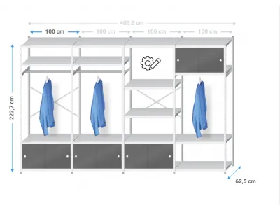 Inloopkast metaal | 220x405x60cm | 17 legborden+schuifdeursets