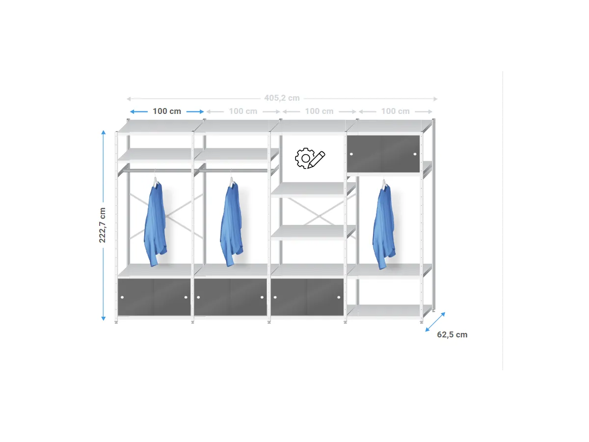 Inloopkast metaal | 220x405x60cm | 17 legborden+schuifdeursets