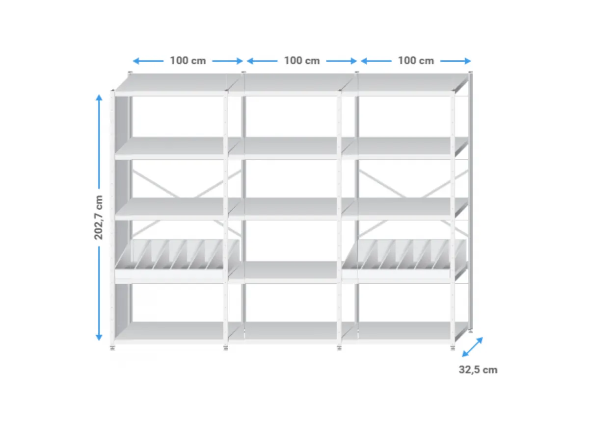 Winkelstelling metaal | 200x305x30cm | 15 legborden