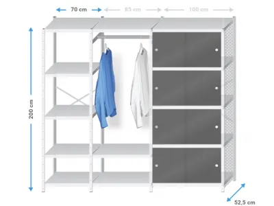 Configuratie afbeelding van metalen stellingkast met zwarte schuifdeuren.